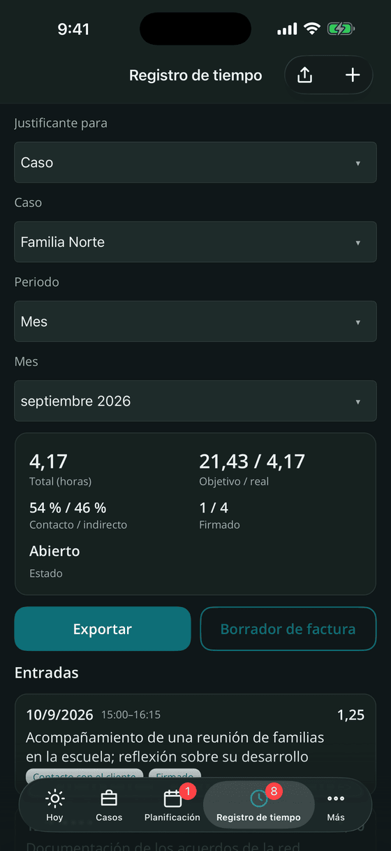 Tiempos, justificantes y facturación